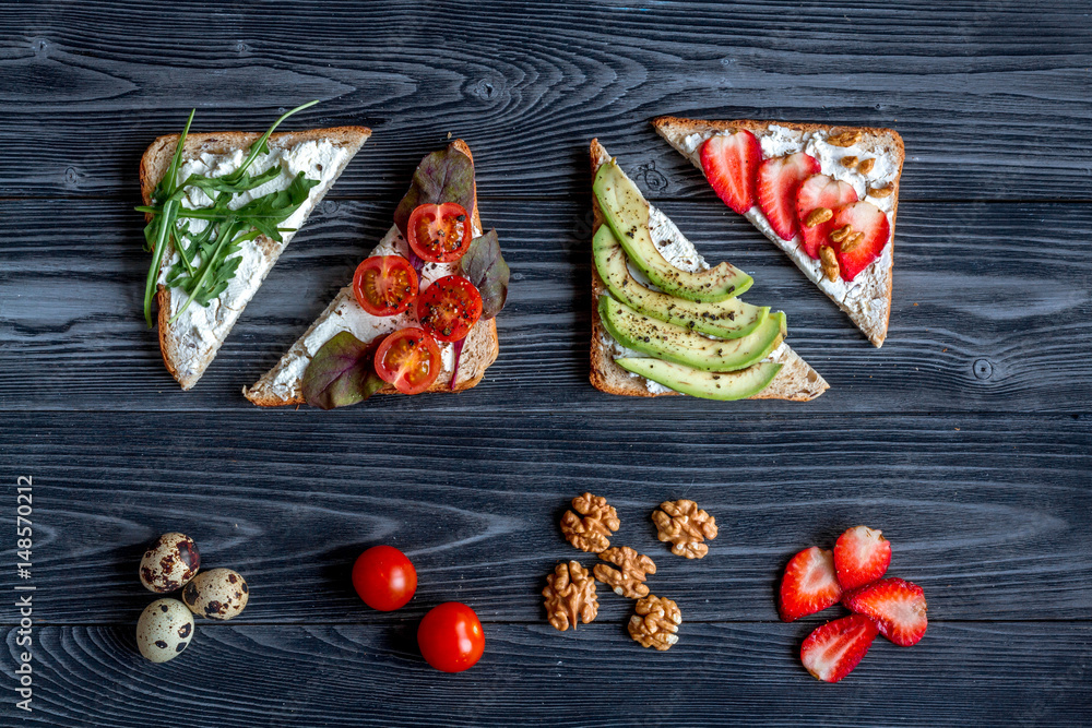 healthy breakfast with sandwiches set on white background top view