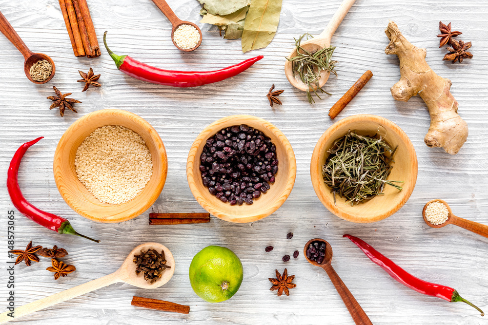 Flat lay herb and spices on rustic kitchen background