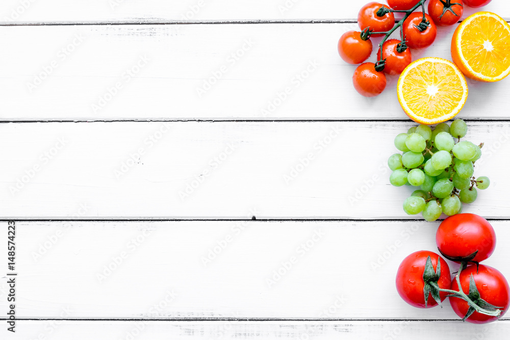 summer food with fresh fruits and vegetables top view space for text