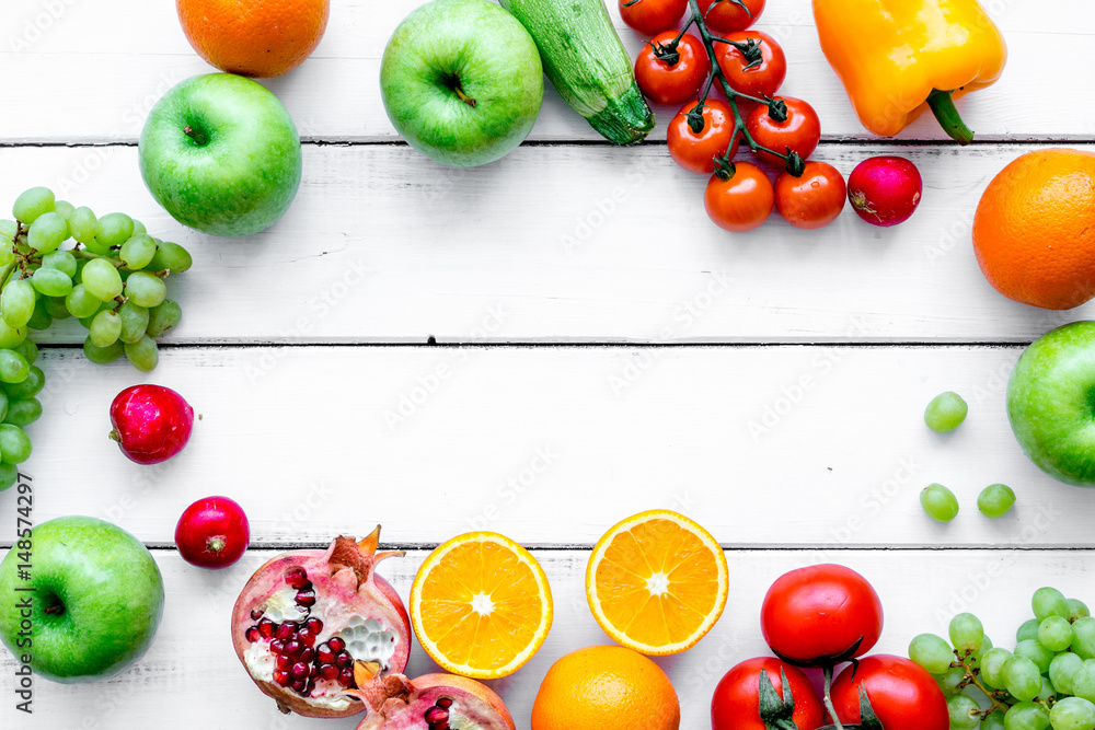 diet food with fresh fruits and vegetables salad white background top view mockup