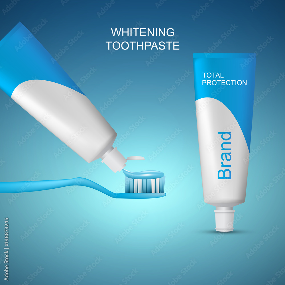 Toothpaste tube design with toothbrush on abstract blue background, vector template