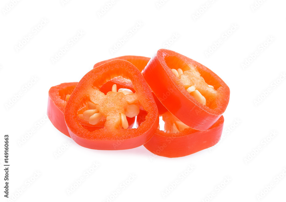 sliced red chilli isolated on white background.