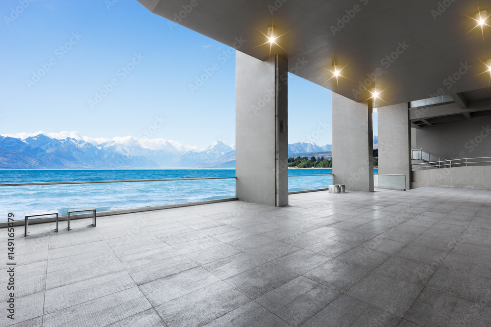 empty floor with blue sea in blue sky