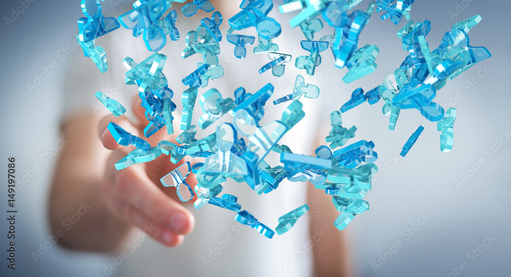 Businessman holding 3D rendering group of blue people