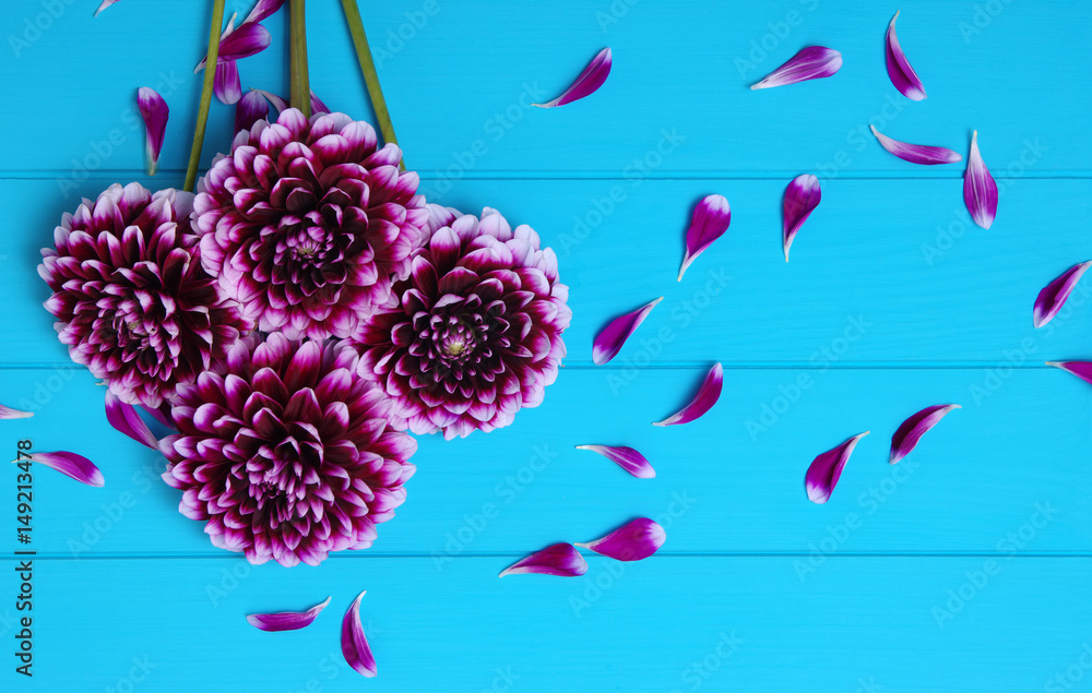  Flowers on blue painted wooden planks.