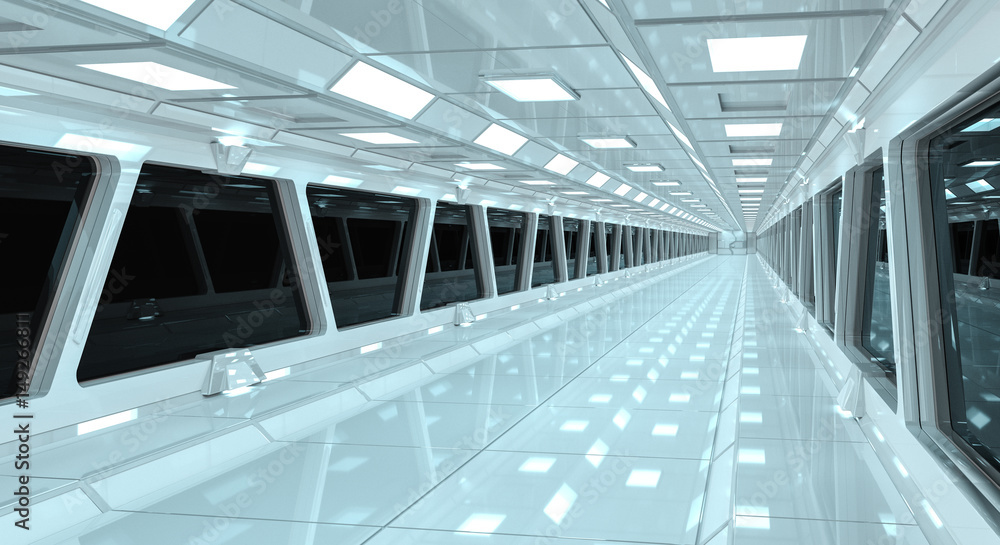 Spaceship white corridor 3D rendering