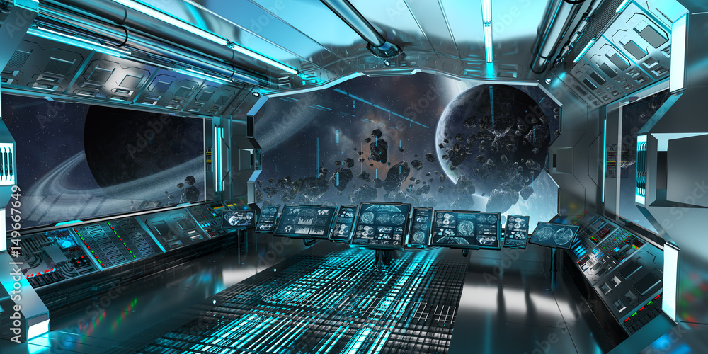 Spaceship interior with view on distant planets system 3D rendering elements of this image furnished