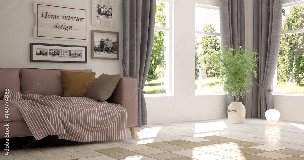 White room with sofa and green landscape in window. Scandinavian interior design. 3D illustration