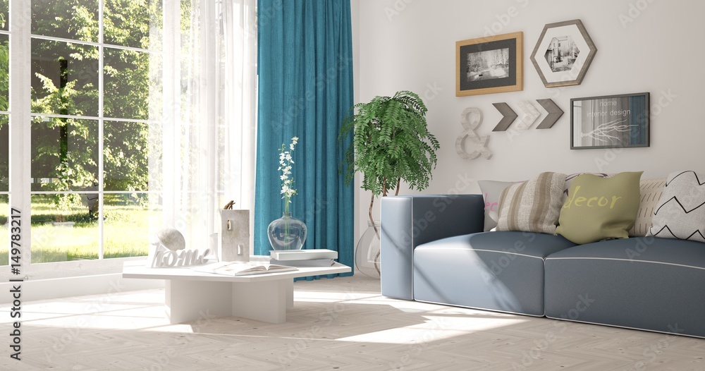 White room with sofa and green landscape in window. Scandinavian interior design. 3D illustration