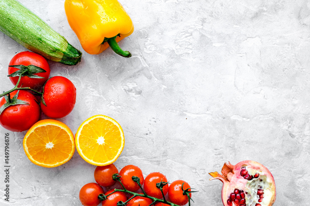 diet food with fresh fruits and vegetables salad stone background top view mockup