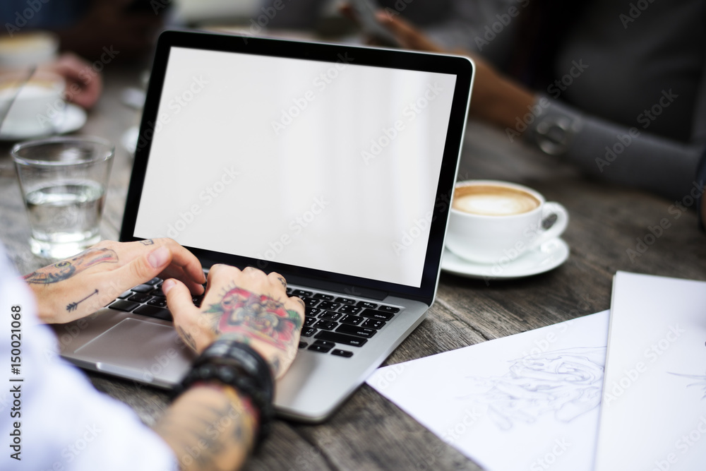 Woman Hands Tattoo Use Laptop Cafe