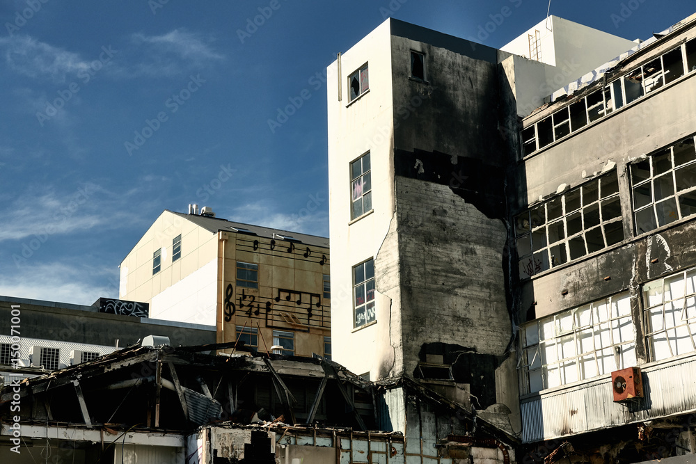 An almost demolished building on the closed area of downtown of Christchurch,  After the earthquake 