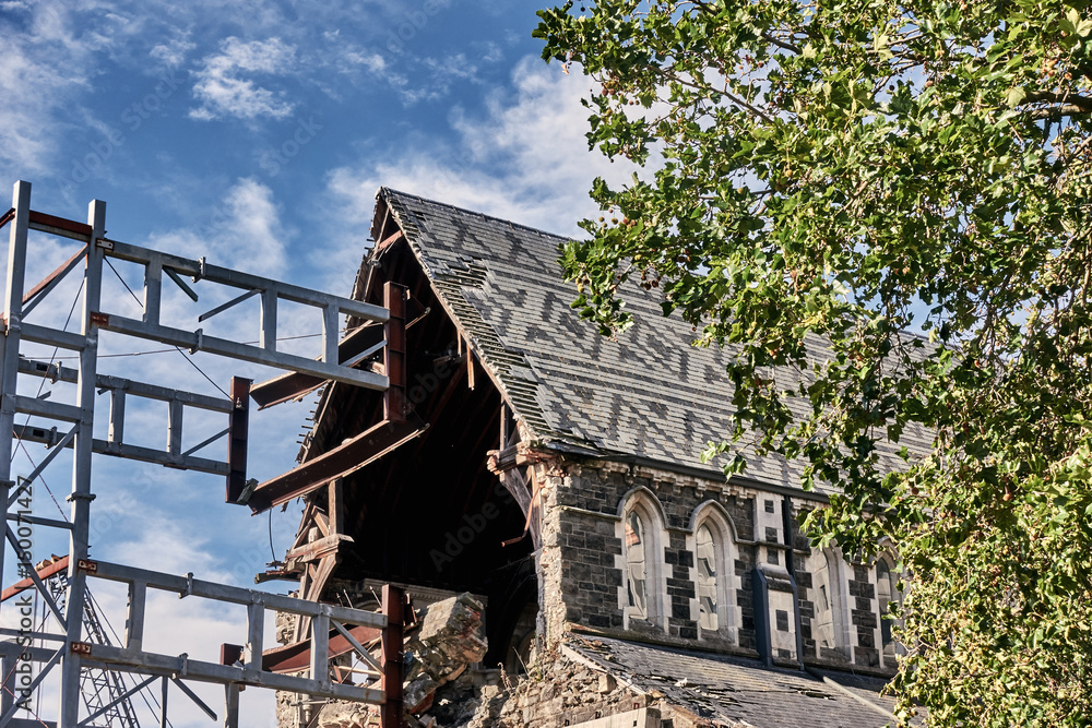 view of the Cathedral damaged nave with the steel structure preventing the rest of the stone body fr