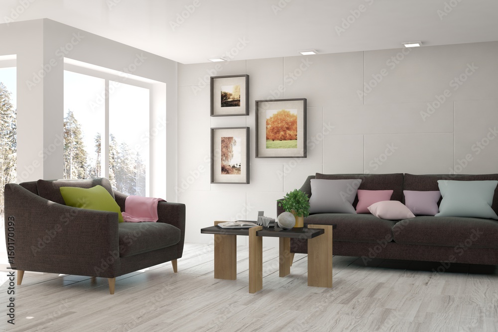 White modern room with sofa. Scandinavian interior design. 3D illustration