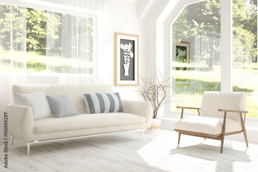 White room with sofa and green landscape in window. Scandinavian interior design. 3D illustration