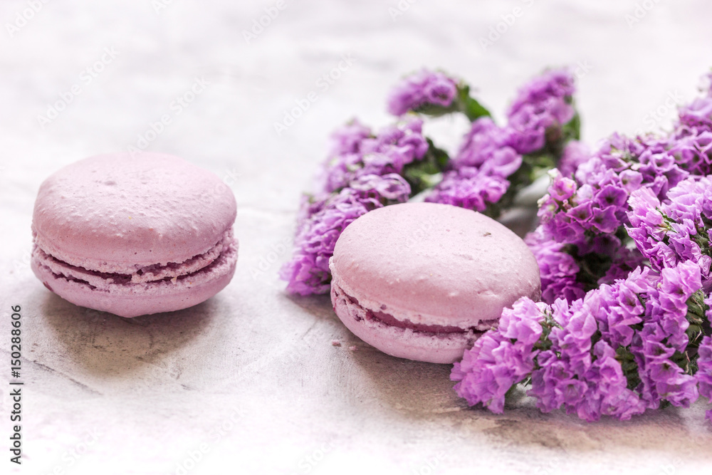 macaroons and mauve flowers for light breakfast on white desk background