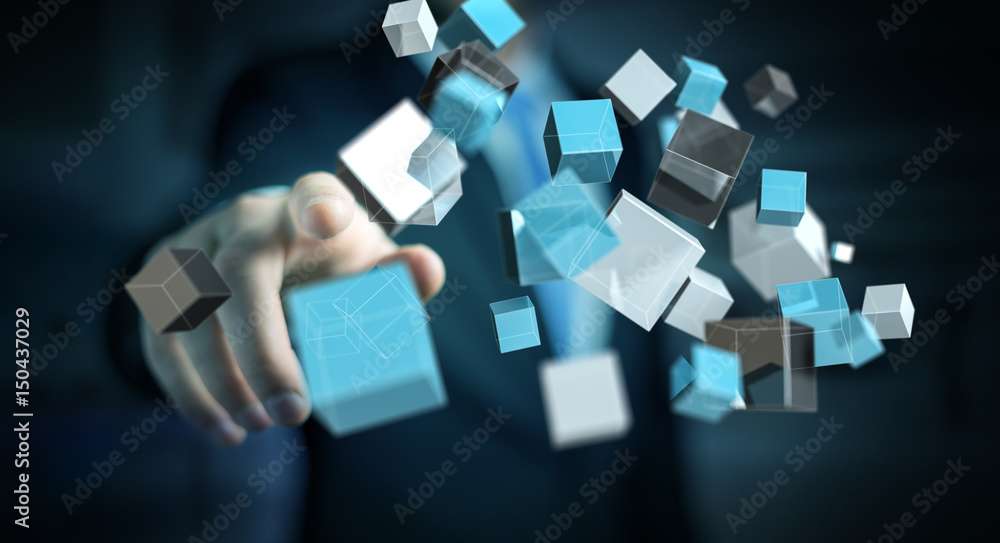 Businessman touching floating blue shiny cube network 3D rendering