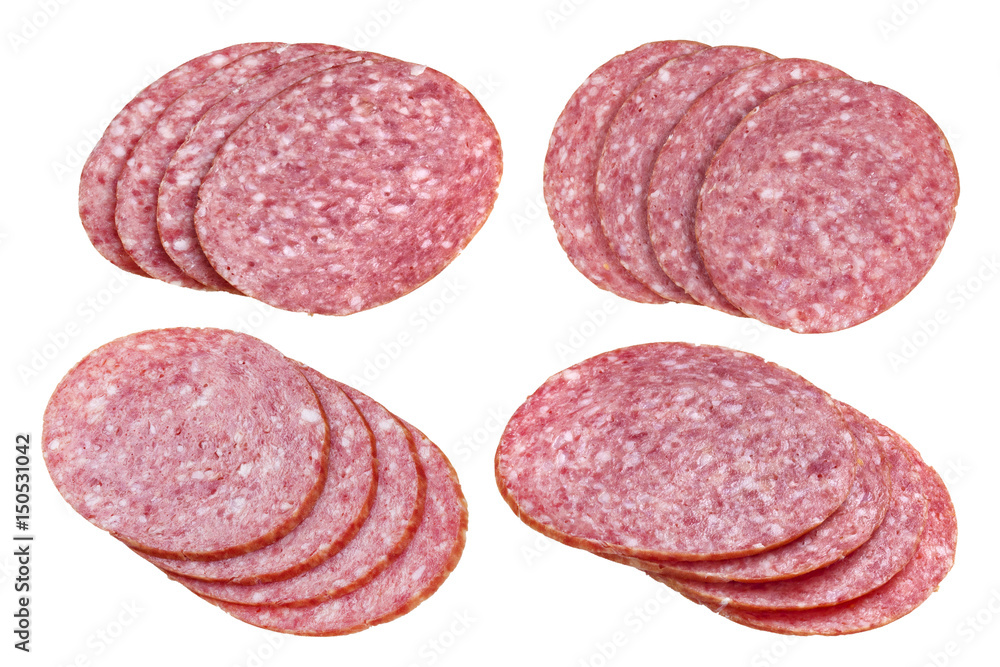 Salami sausage slices isolated on white background, with clipping path, cutout