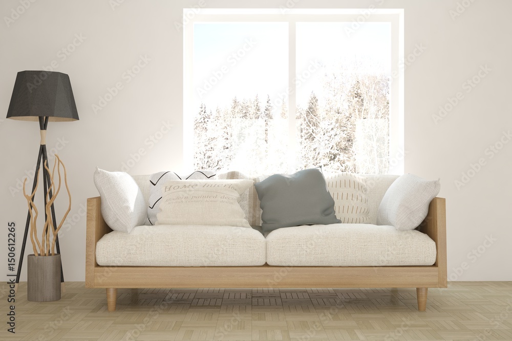 White room with sofa and winter landscape in window. Scandinavian interior design. 3D illustration