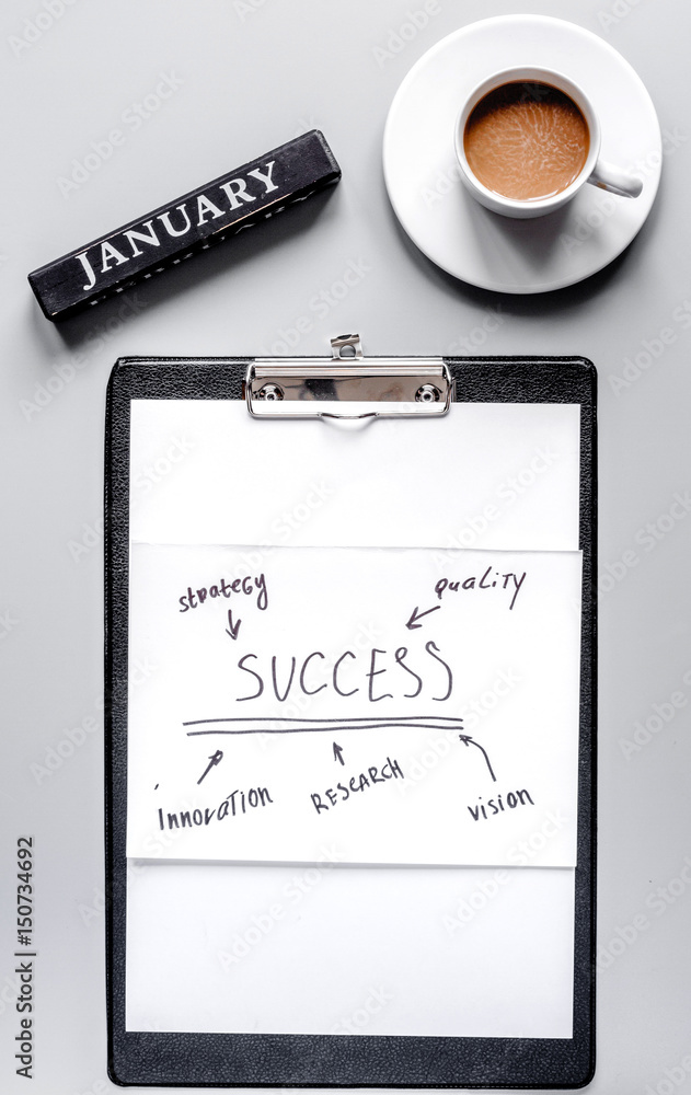 january business plan with chart hand-drawn on gray table background top view