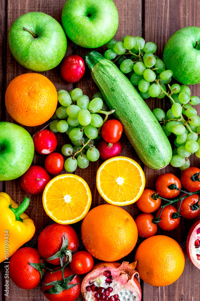 summer food with fresh fruits and vegetables top view