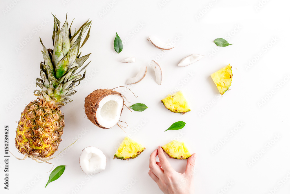 tropical fruits for summer design on white background top view