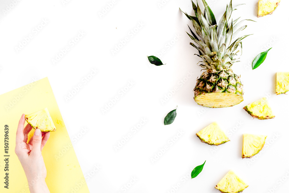 summer mockup with pineapple and leaves white background top view