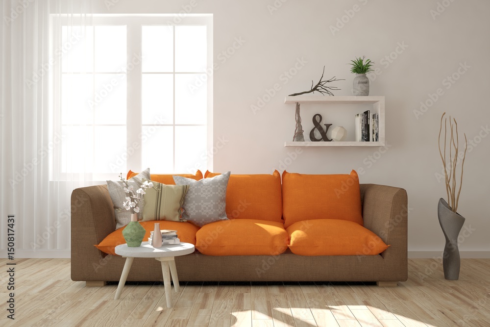 White modern room with orange sofa. Scandinavian interior design. 3D illustration