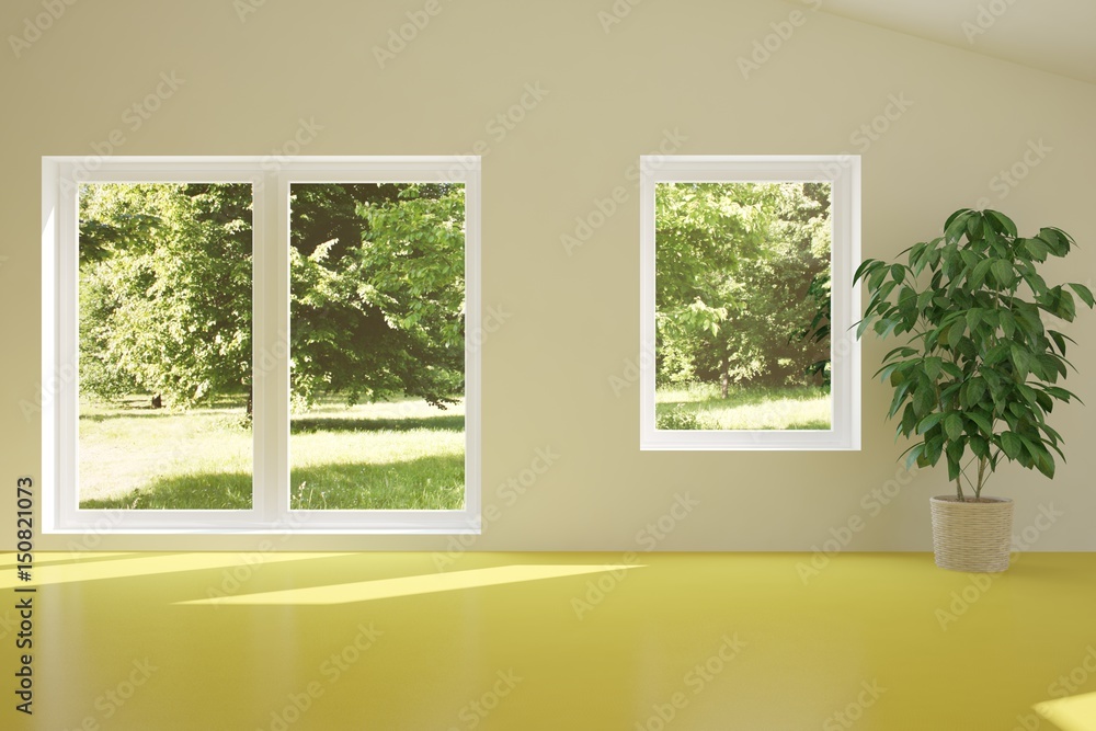 White empty room with green landscape in window. Scandinavian interior design. 3D illustration