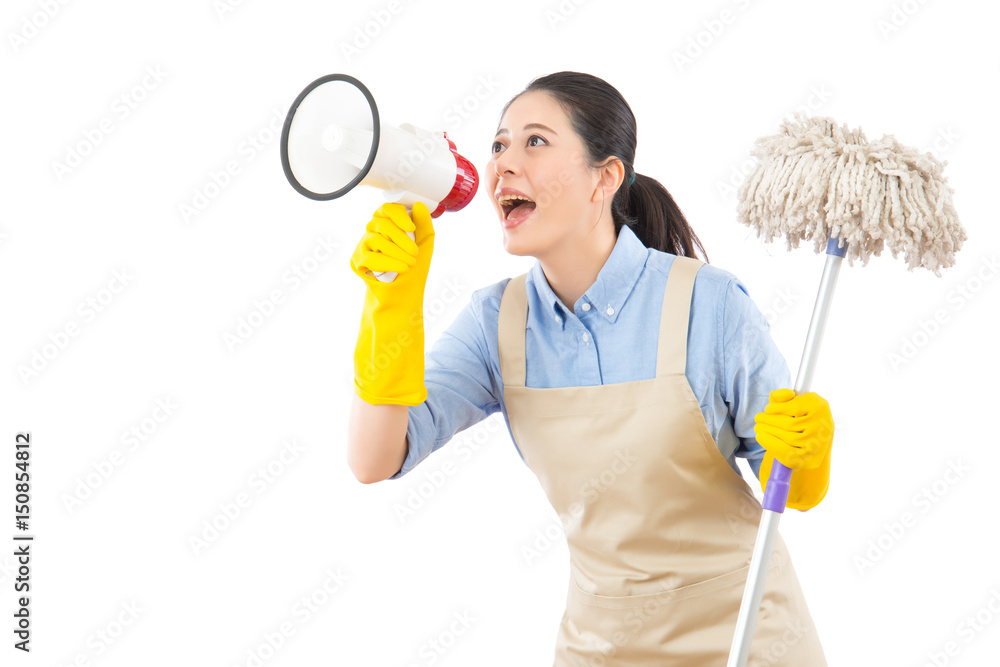 Cleaning woman washing floor with mop