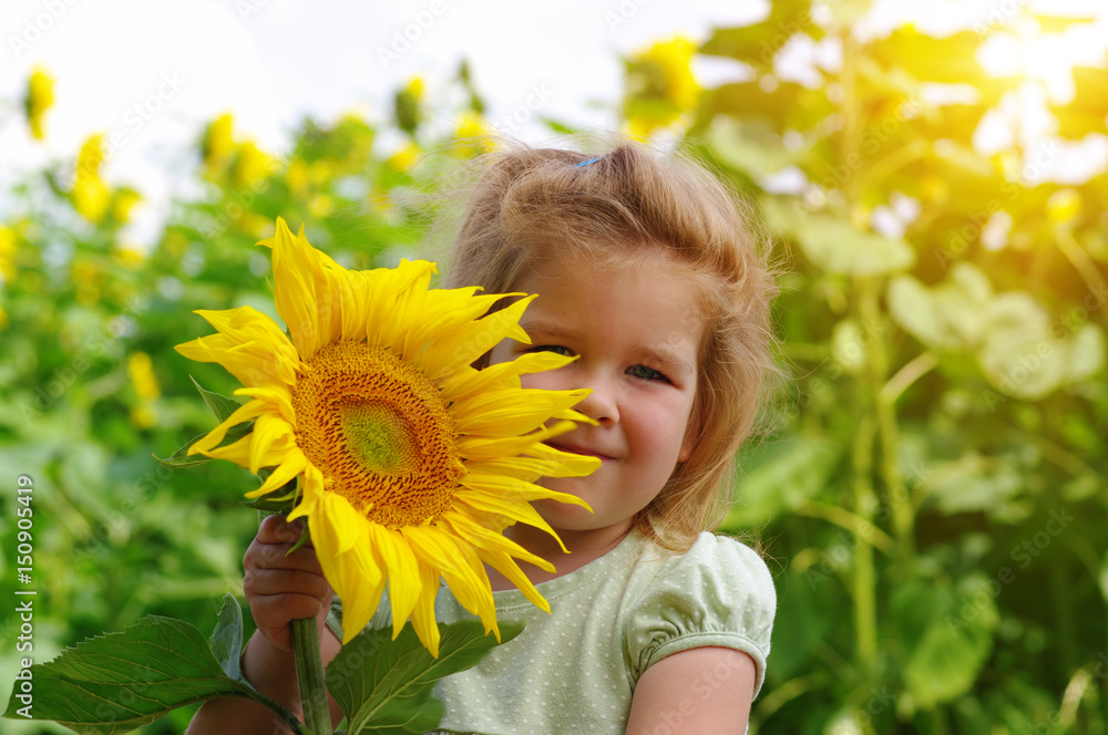  girl and sunflower on the field