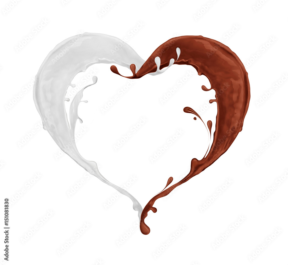 Splashes of milk and chocolate in the shape of heart, isolated on white background