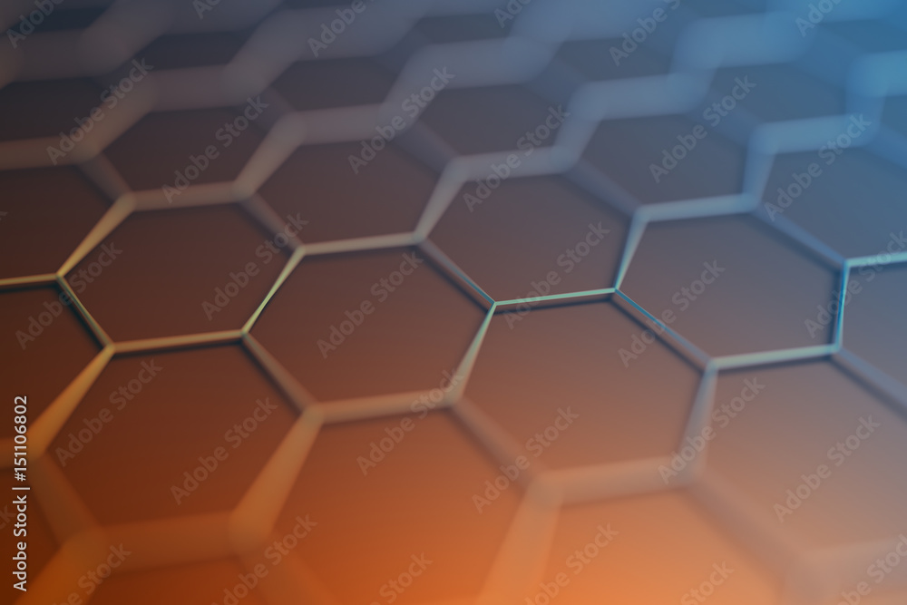 Abstract 3d rendering of futuristic surface with hexagons. Contemporary sci-fi background with bokeh