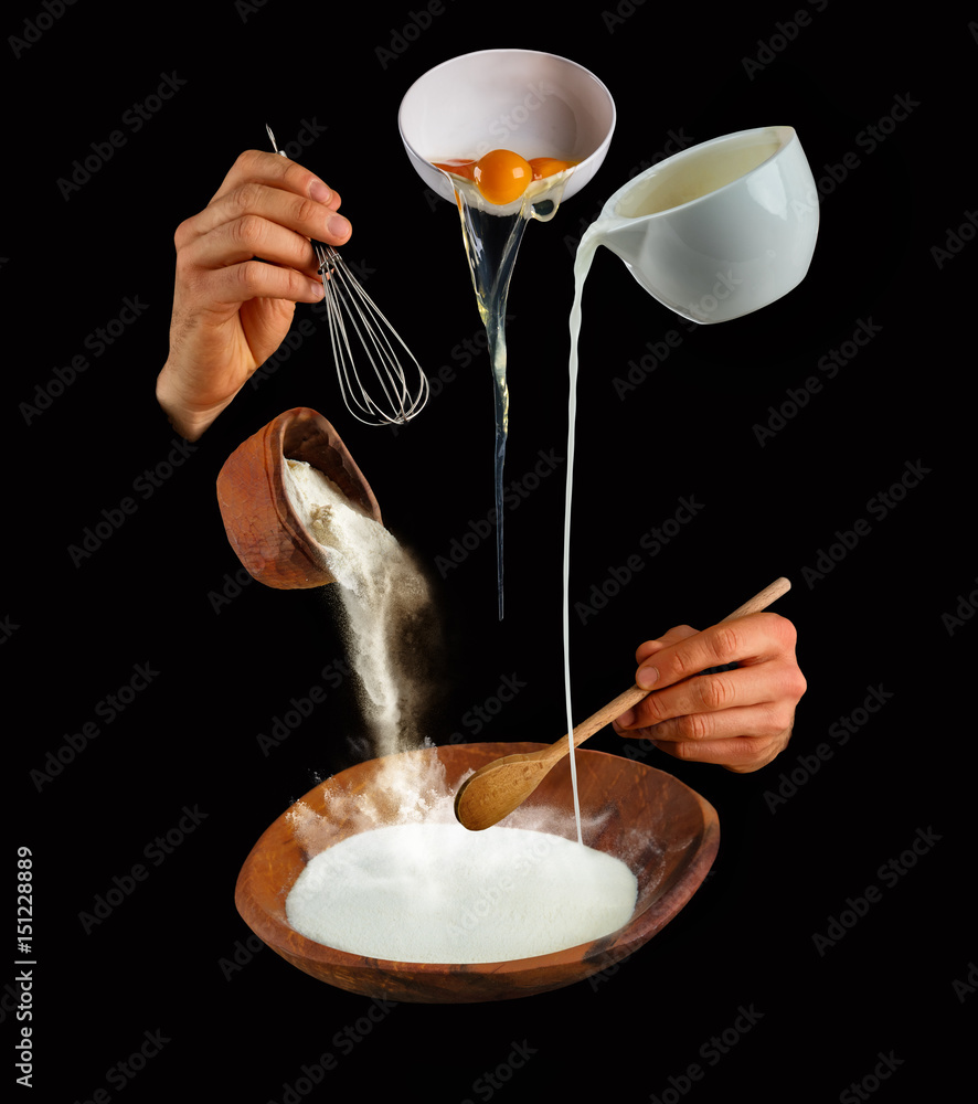 Concept of making dough on black background