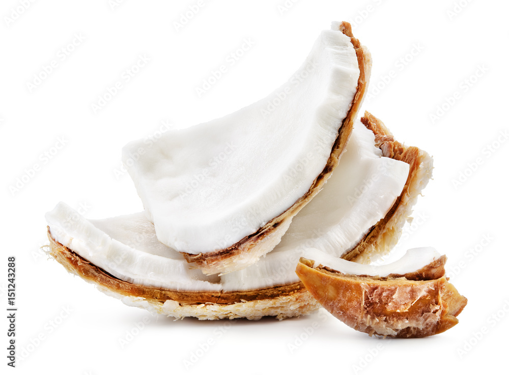 Coconut. Fresh young broken nut. Pieces isolated on white background. Full depth of field.