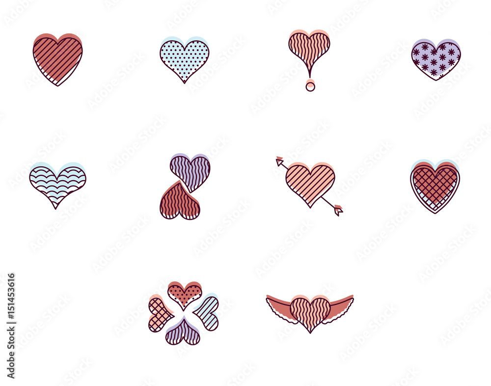 Set of vector icons with various heart shape