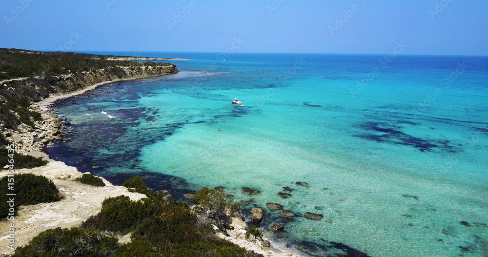 Landscape of island  a transparent clear blue Mediterranean Sea. The island of Cyprus. Resort.