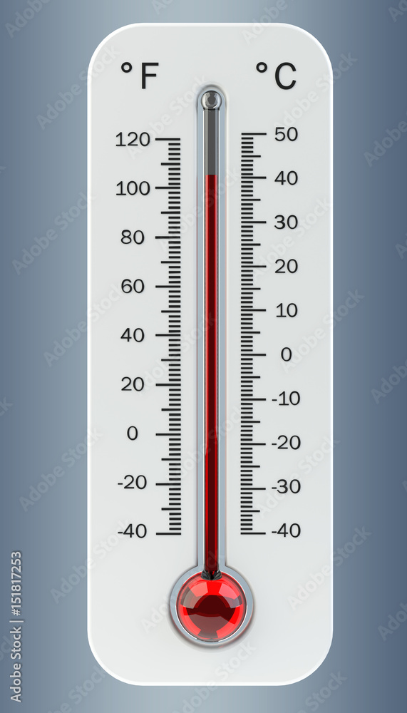 Thermometer with red temperature rise 3D rendering