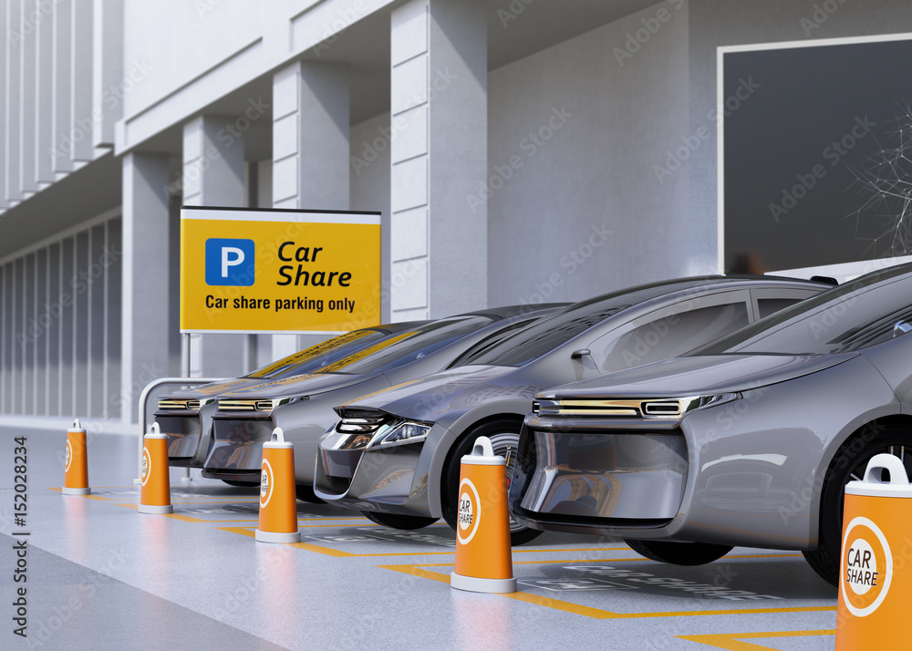 Fleet of autonomous vehicles in parking lot for sharing. Car sharing business concept. 3D rendering 