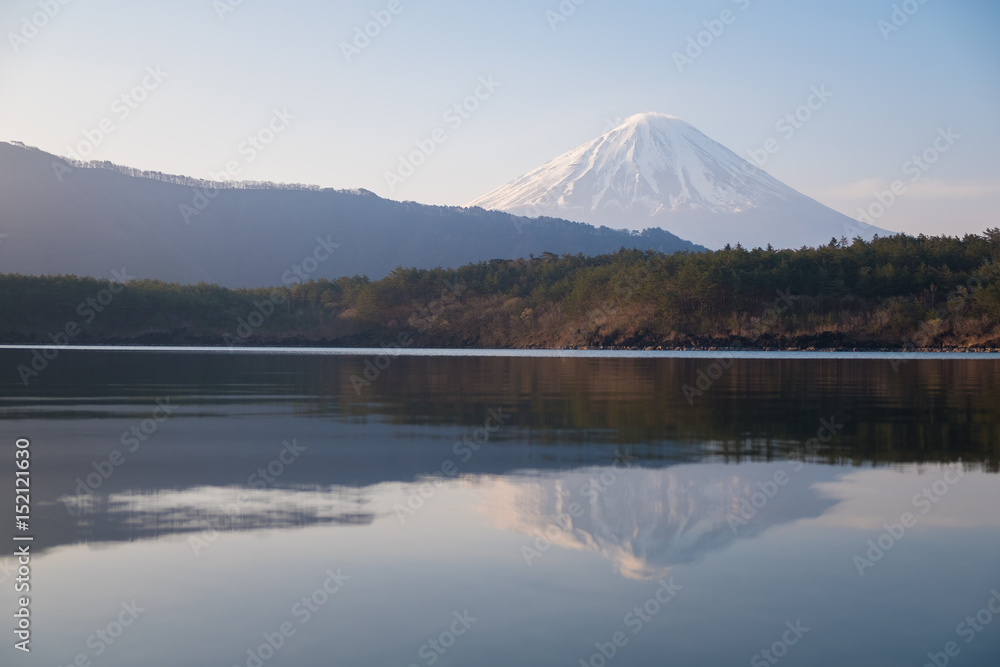 Lake Saiko with Mt.Fuji in morning, Yamanashi, Japan.