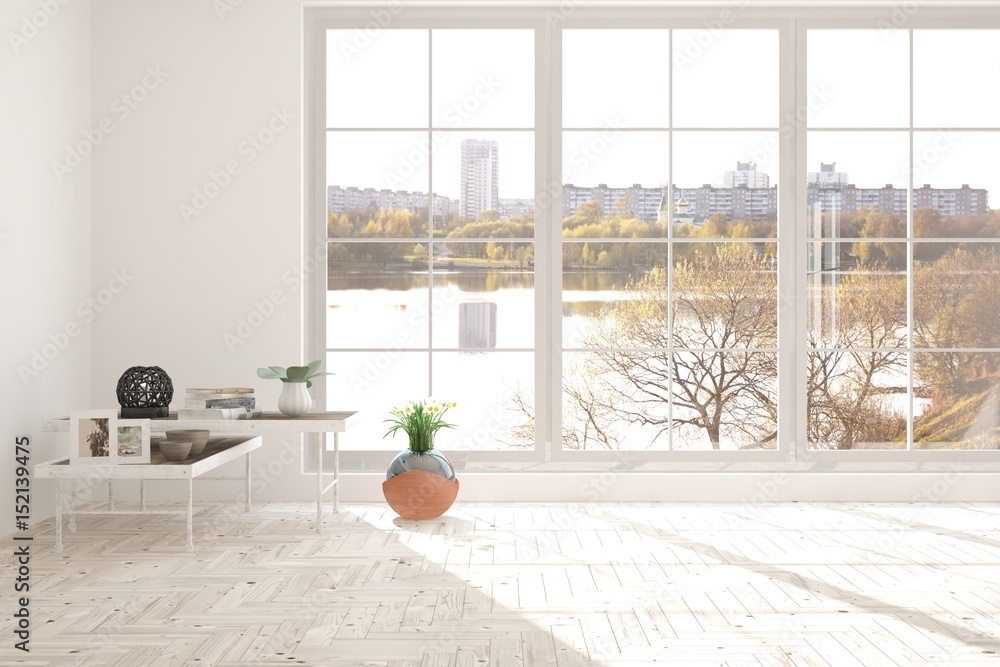 White room with table and urban landscape in window. Scandinavian interior design. 3D illustration