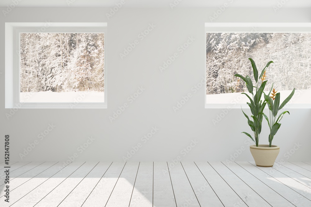 White empty room with winter landscape in window. Scandinavian interior design. 3D illustration