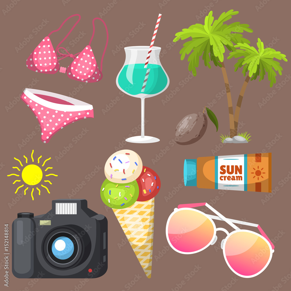 Summer time beach sea shore realistic accessory vector illustration sunshine travel