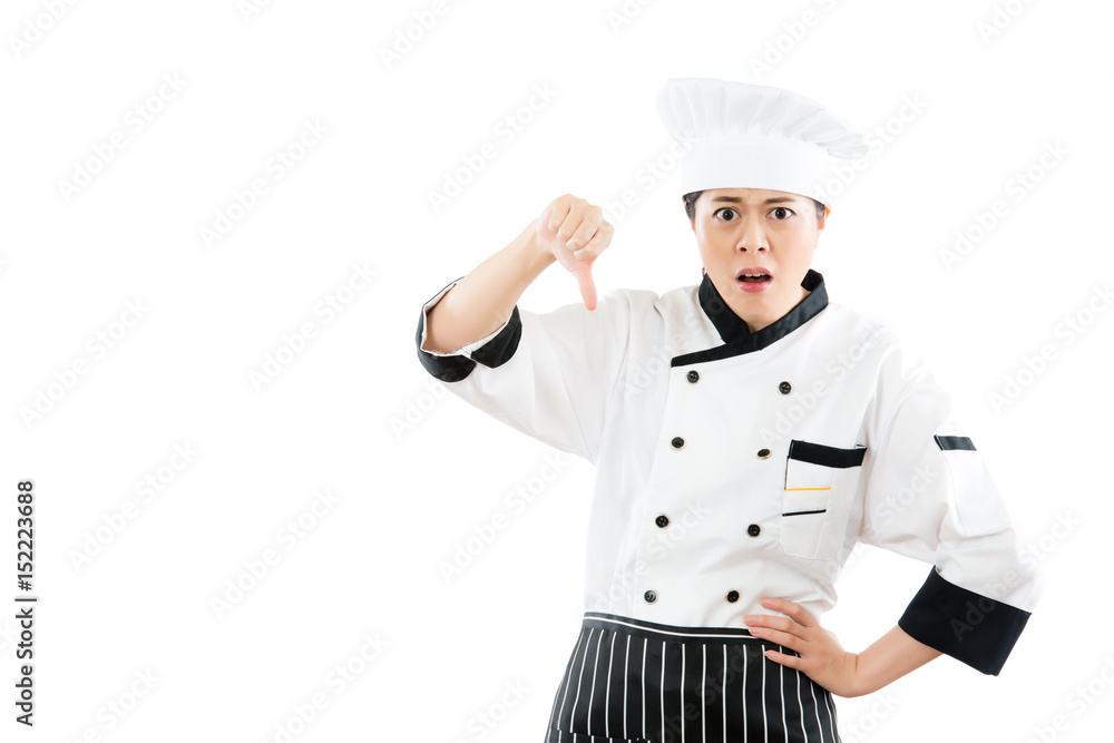 woman chef dislike and showing thumb down