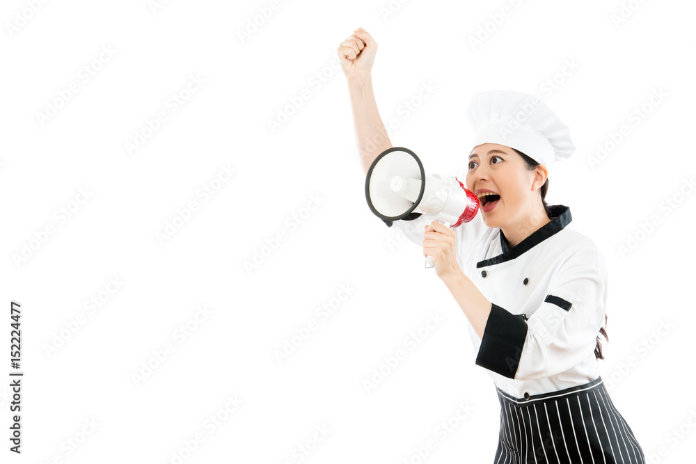 pretty chef looking at the blank copyspace