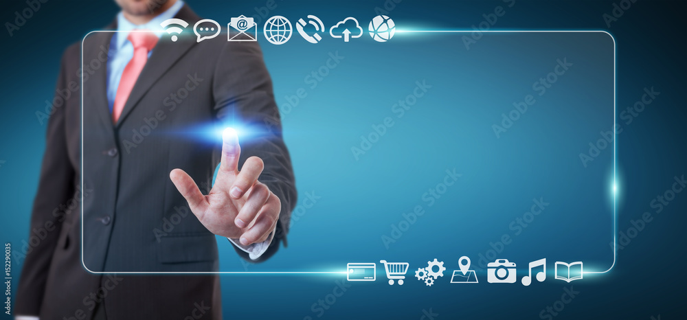 Businessman surfing on internet with digital tactile interface 3D rendering