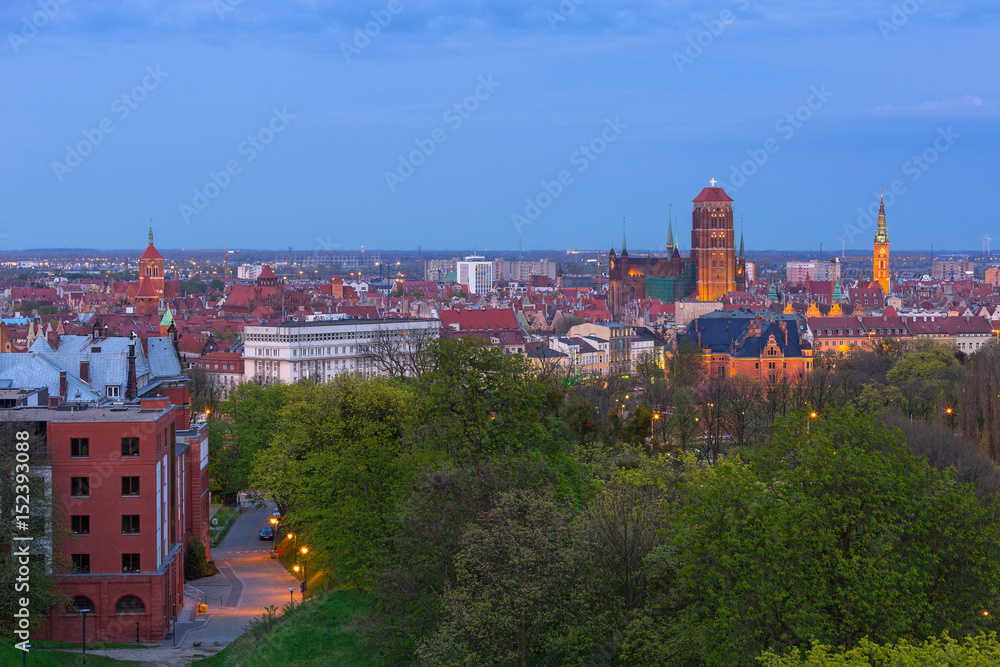 Architecture of Gdansk old town at night, Poland