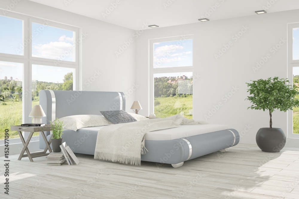 White bedroom with green landscape in window. Scandinavian interior design. 3D illustration