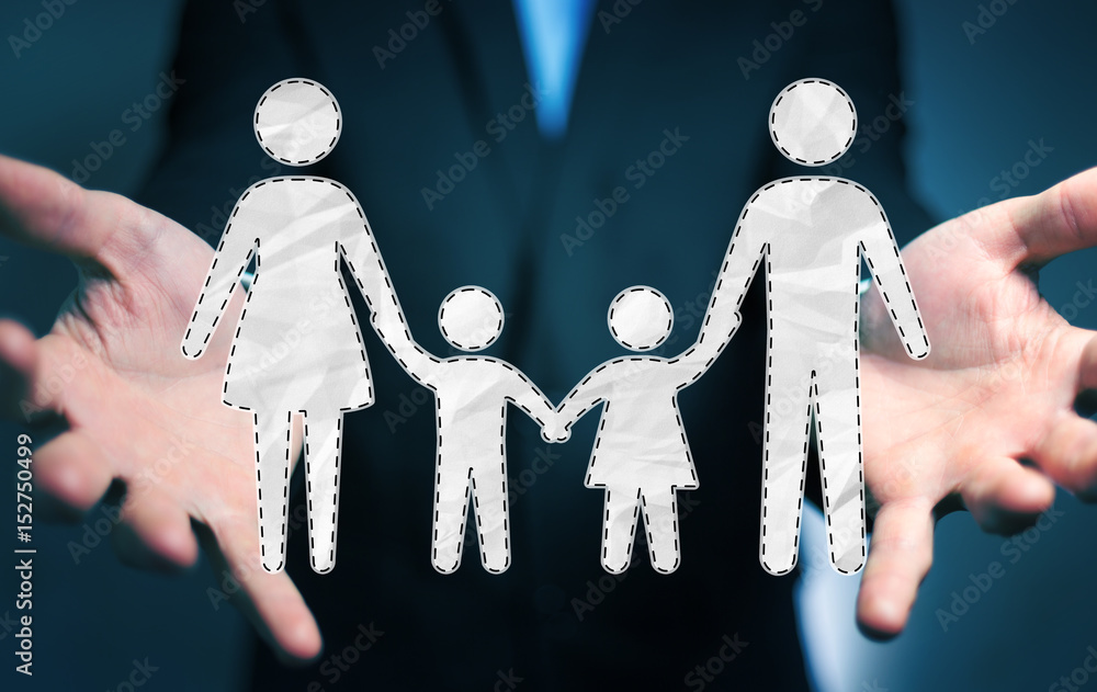 Businessman holding family interface in his hand 3D rendering