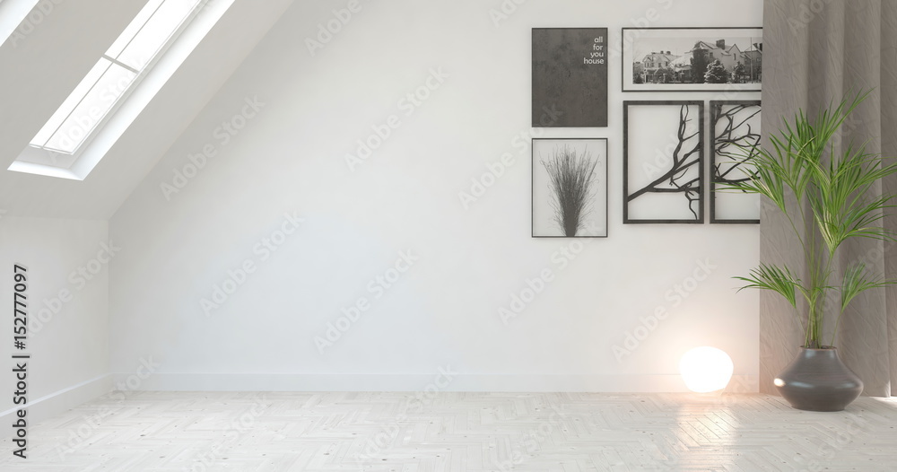 White empty room. Scandinavian interior design. 3D illustration